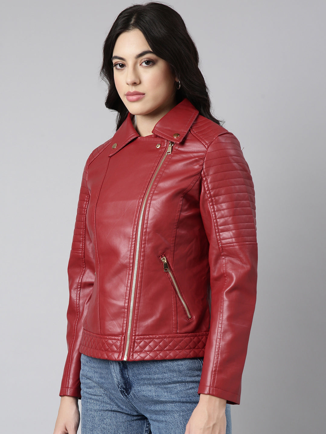 Women's Solid Red Biker Jacket