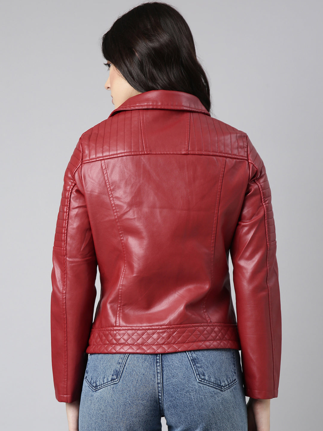 Women's Solid Red Biker Jacket