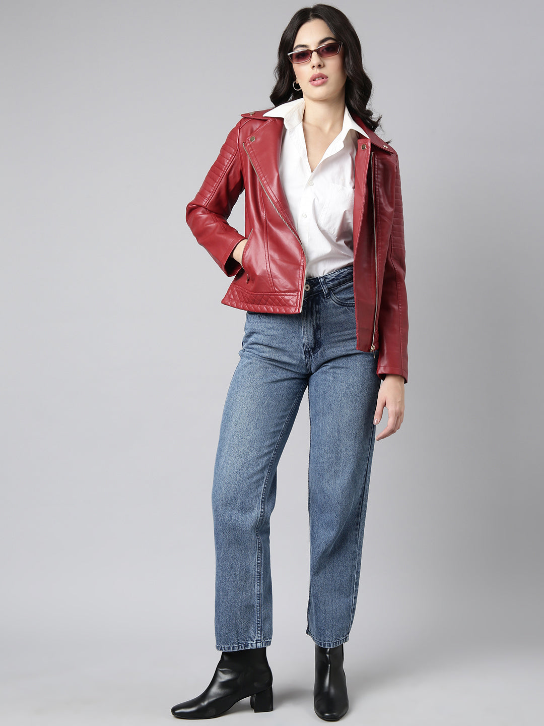 Women's Solid Red Biker Jacket
