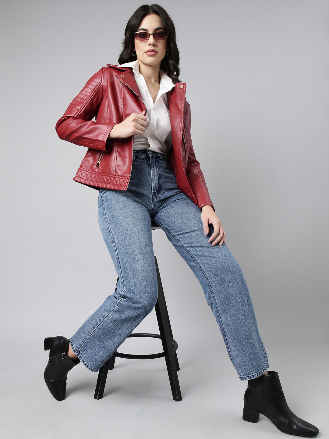 Women's Solid Red Biker Jacket