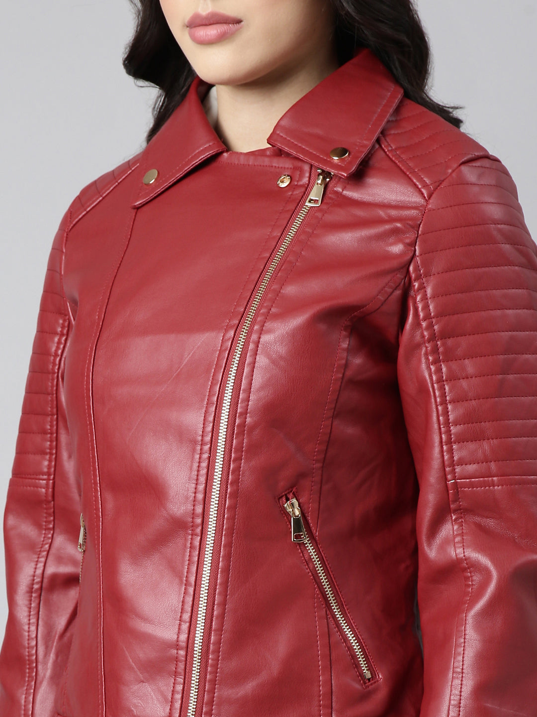 Women's Solid Red Biker Jacket
