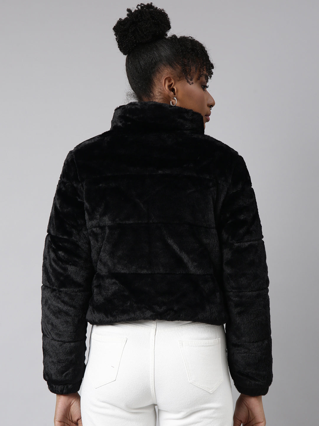 Women's Black Mock Collar Long Sleeves Crop Puffer Jacket
