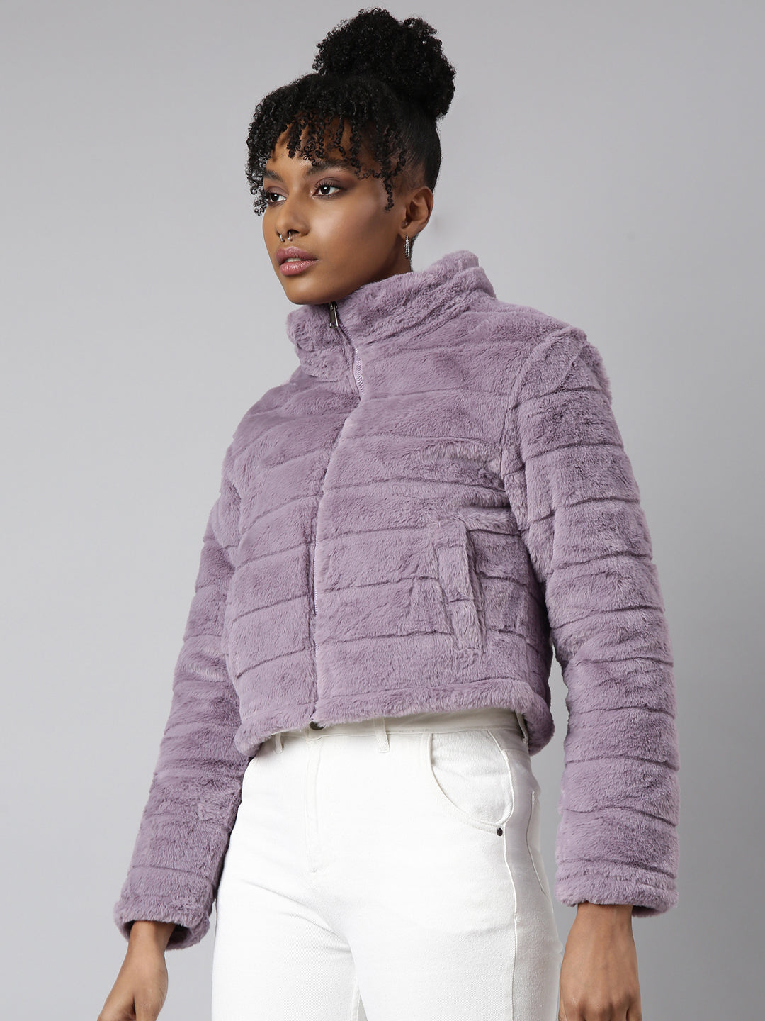 Women's Lavender Faux Fur Crop Puffer Jacket
