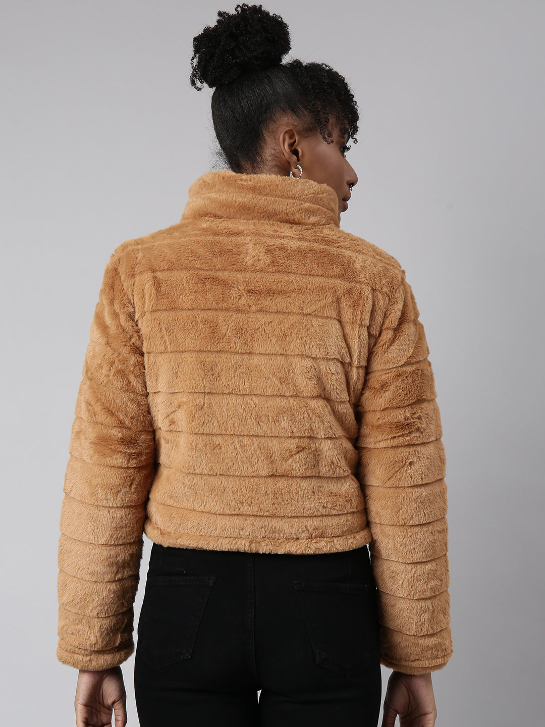 Women's Mustard Mock Collar Open Front Puffer Jacket