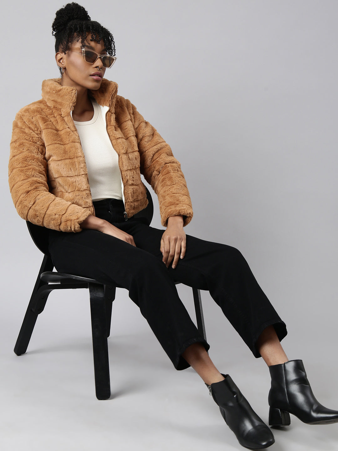 Women's Mustard Mock Collar Open Front Puffer Jacket