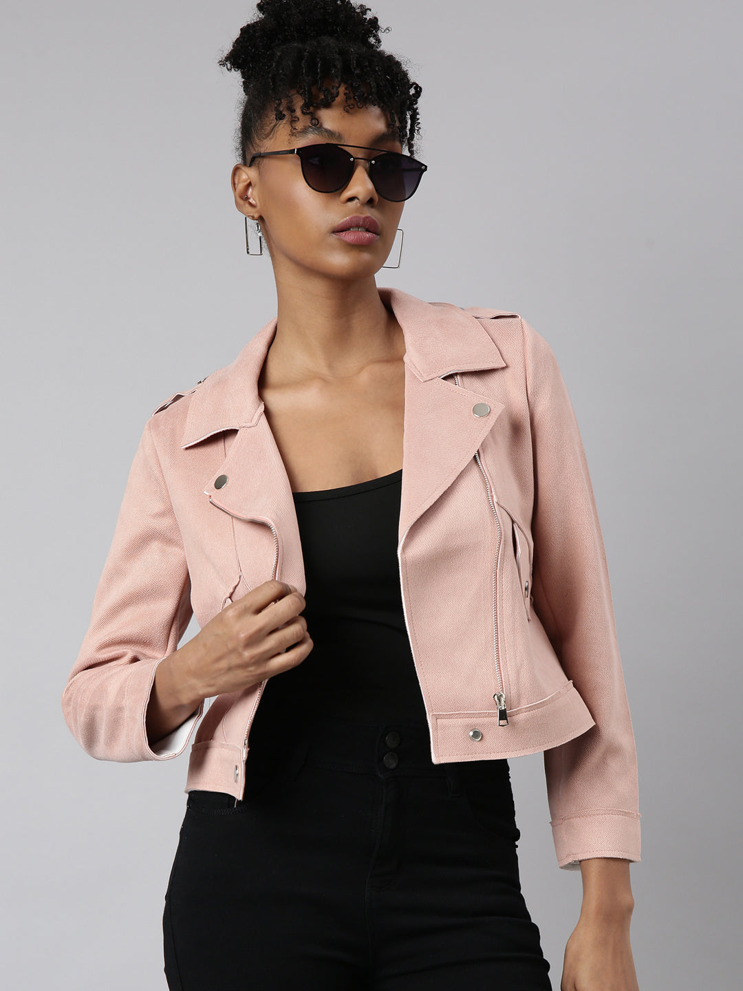 Women's Solid Peach Biker Jacket