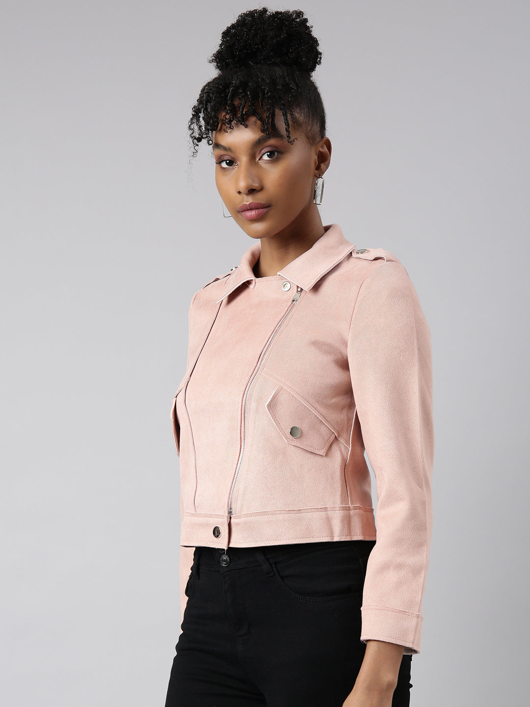 Women's Solid Peach Biker Jacket