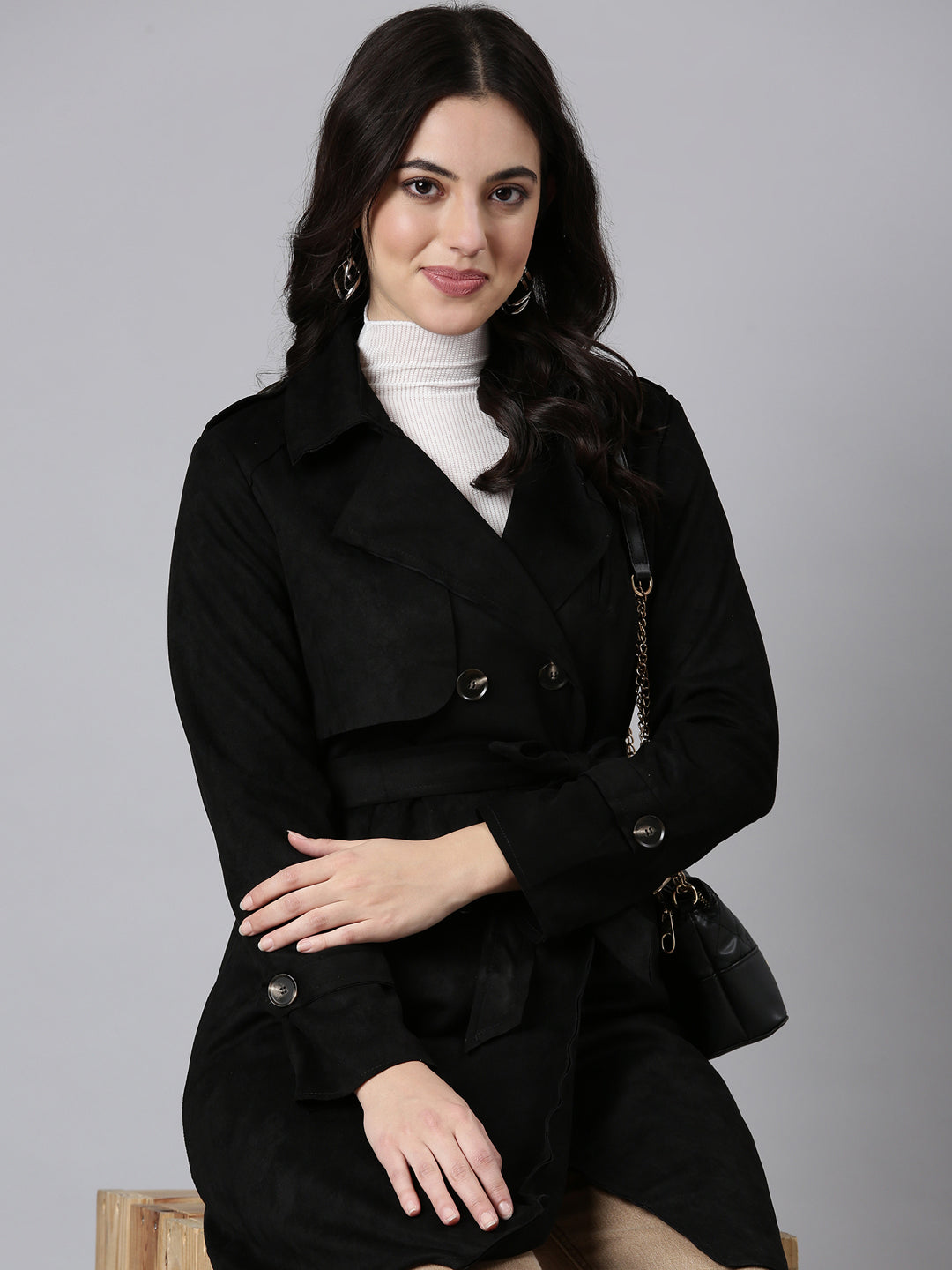 Women's Solid Longline Black Trench Coat with Belt