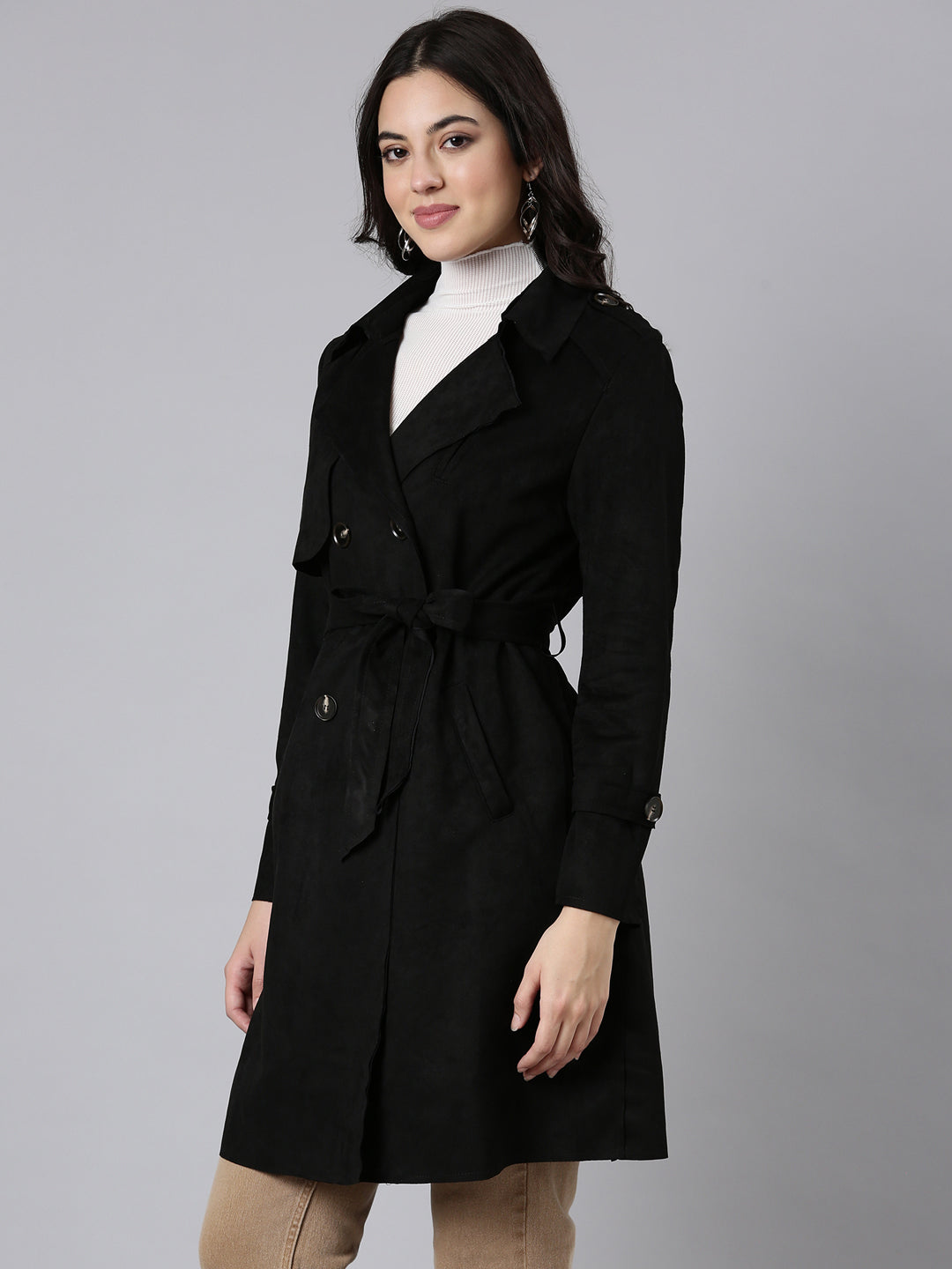 Women's Solid Longline Black Trench Coat with Belt