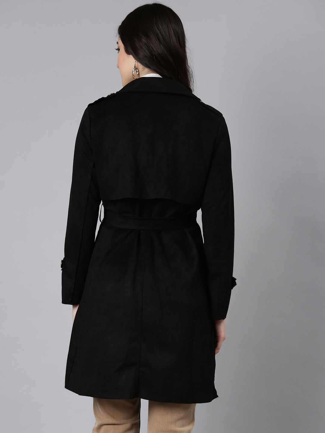 Women's Solid Longline Black Trench Coat with Belt