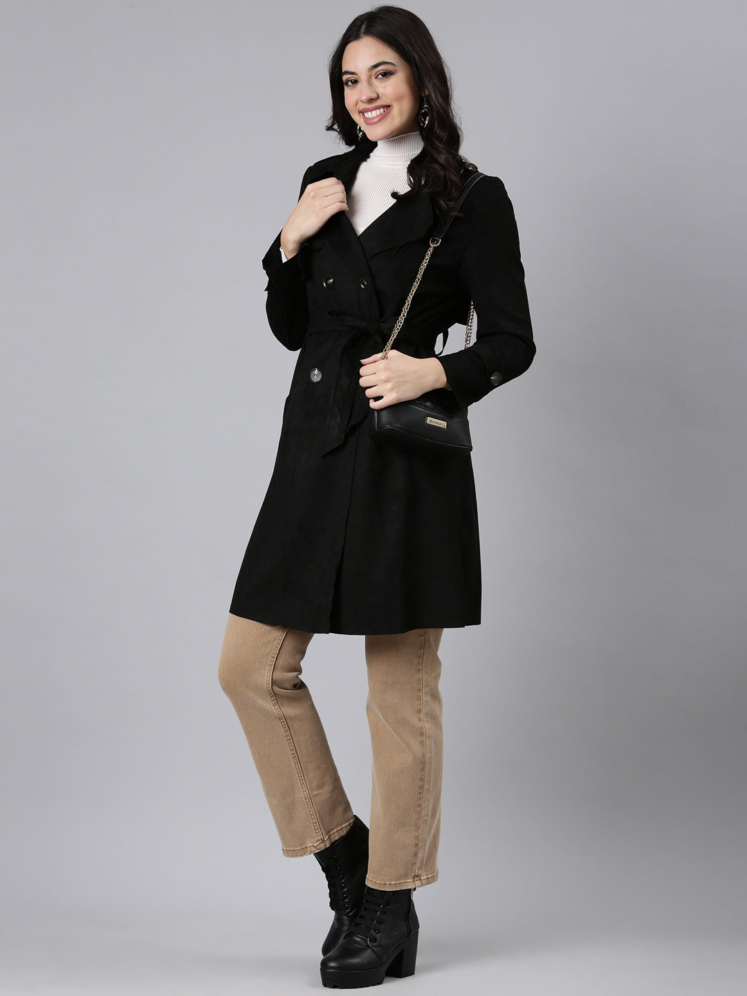 Women's Solid Longline Black Trench Coat with Belt