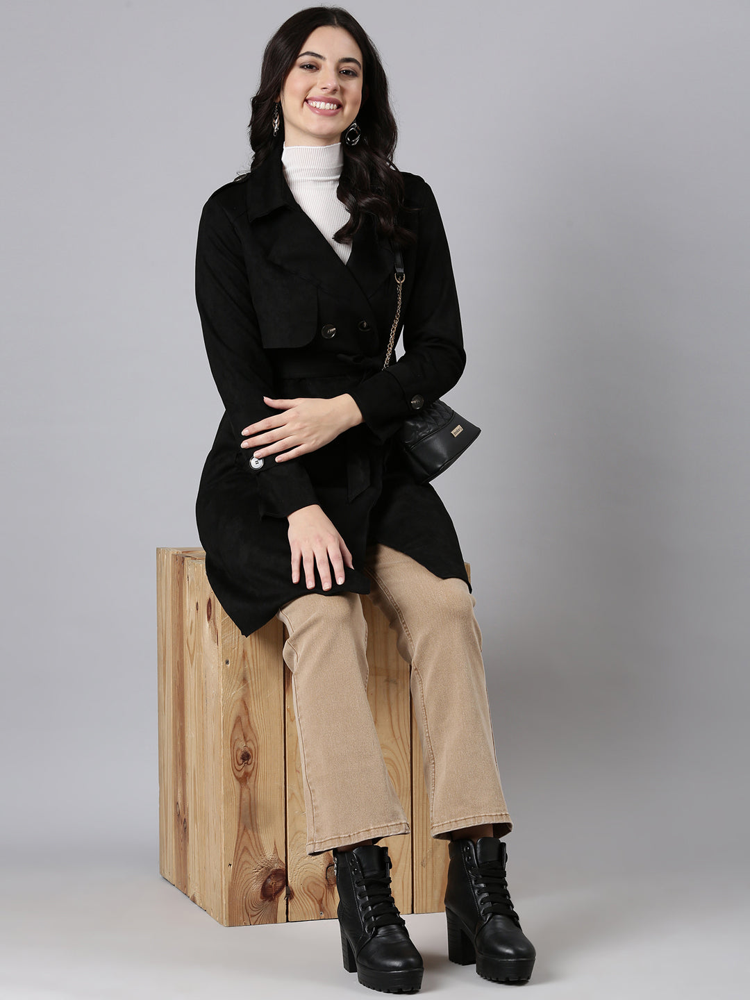 Women's Solid Longline Black Trench Coat with Belt