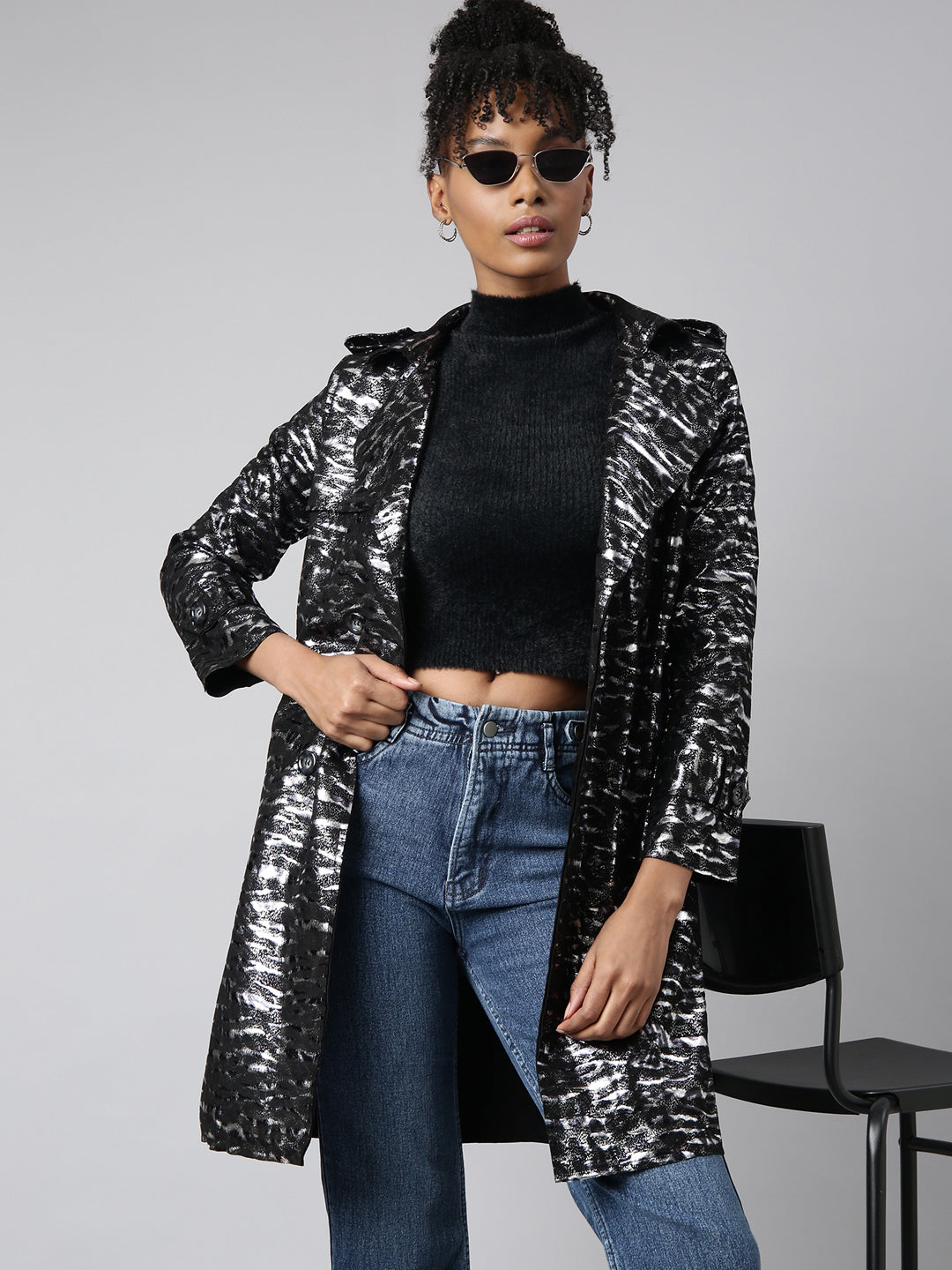 Women's Black Abstract Printed Longline Trench Coat