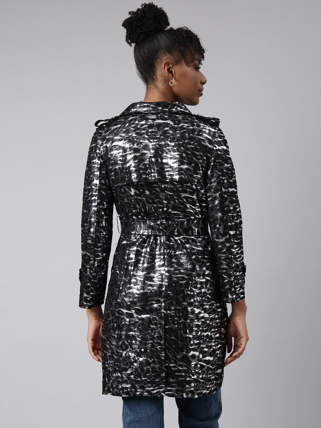 Women's Black Abstract Printed Longline Trench Coat