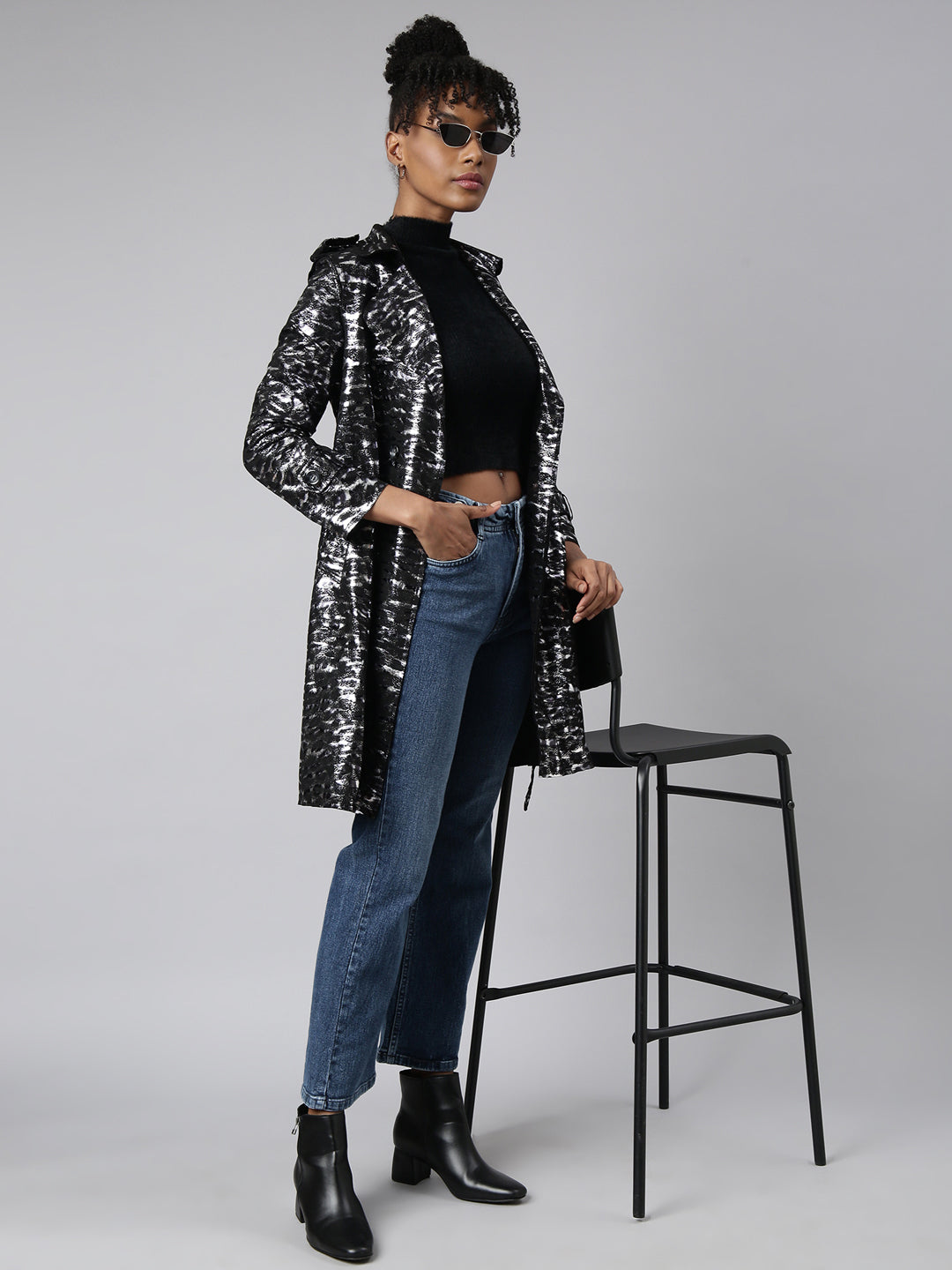 Women's Black Abstract Printed Longline Trench Coat