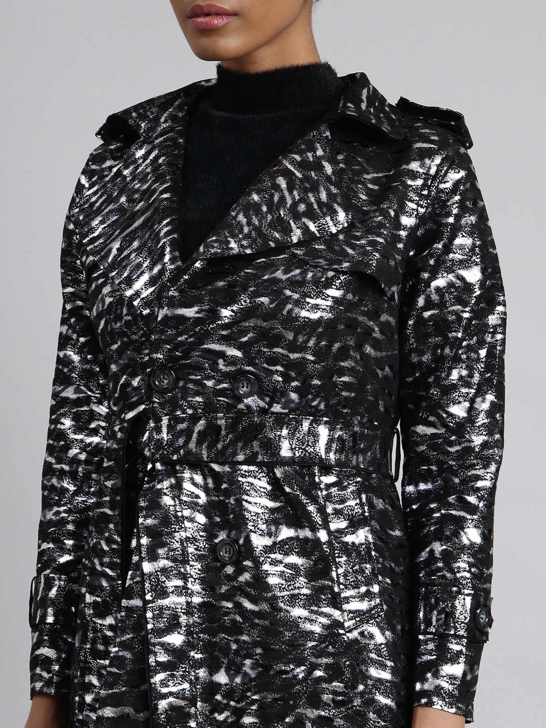 Women's Black Abstract Printed Longline Trench Coat