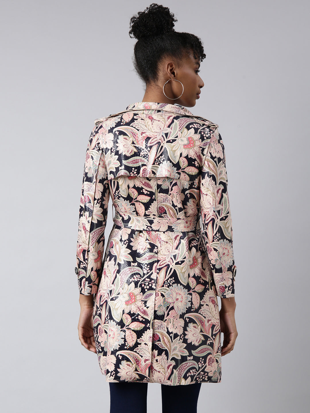 Women's Beige Printed Longline Trench Coat