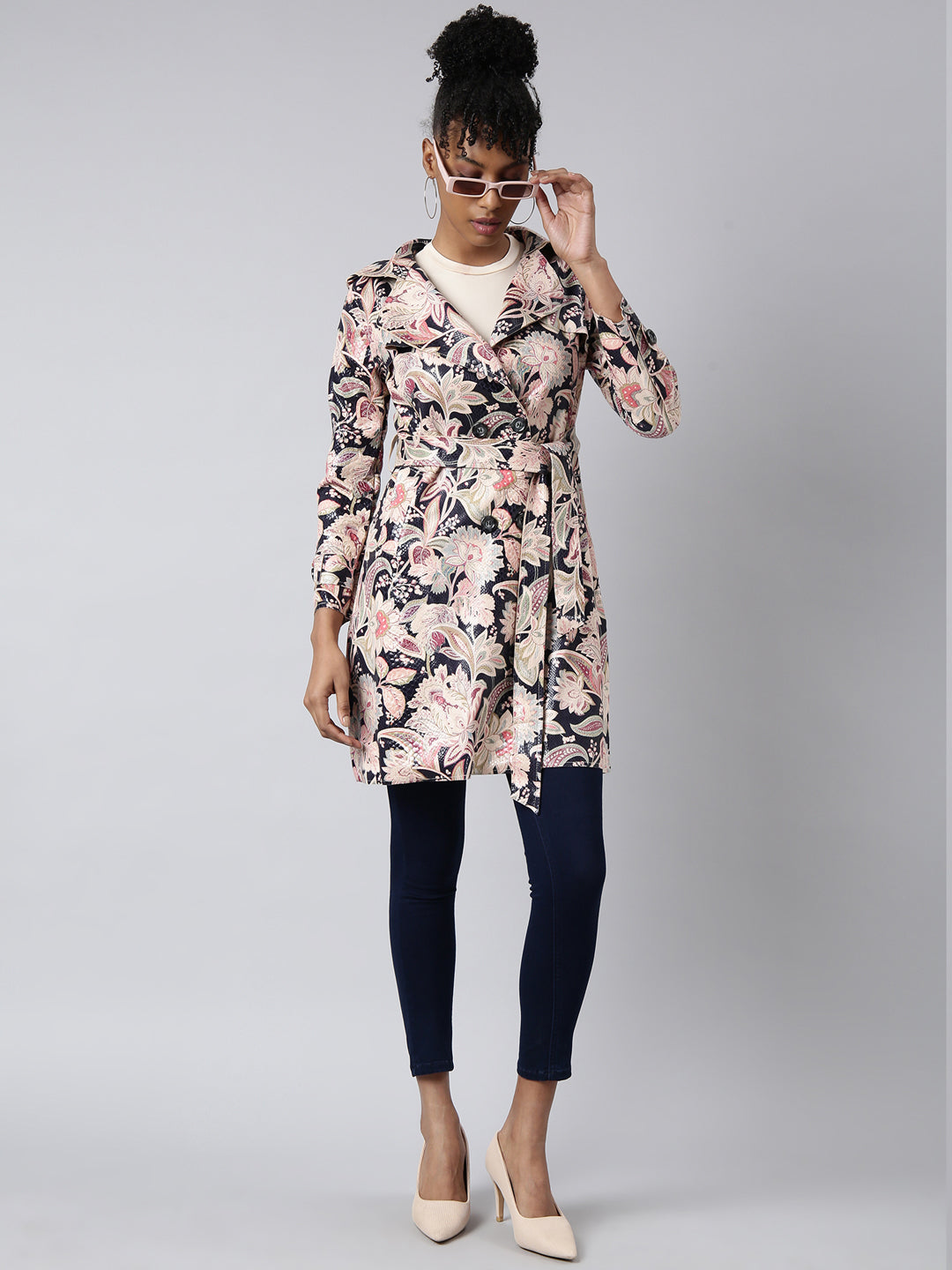 Women's Beige Printed Longline Trench Coat