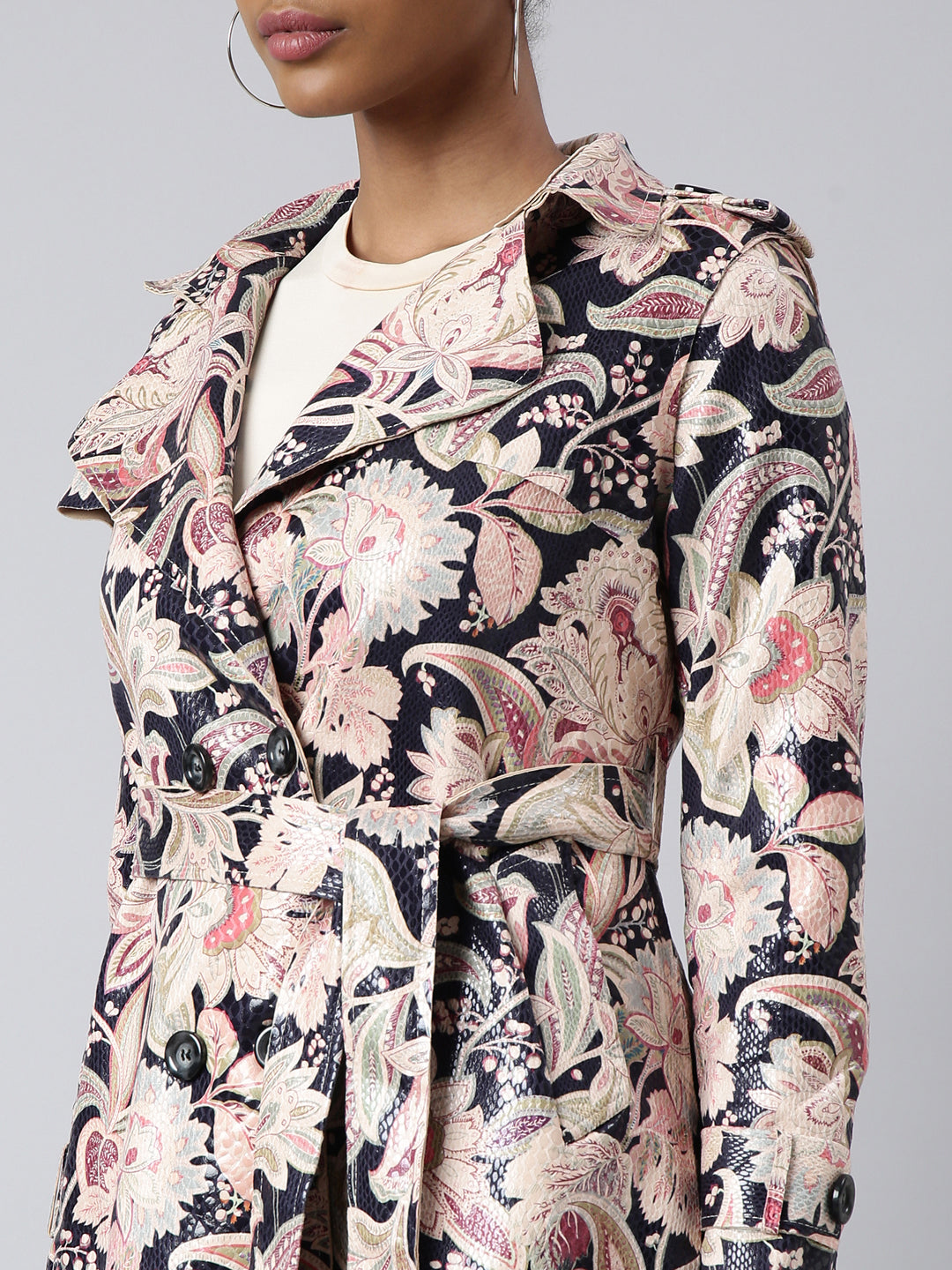 Women's Beige Printed Longline Trench Coat