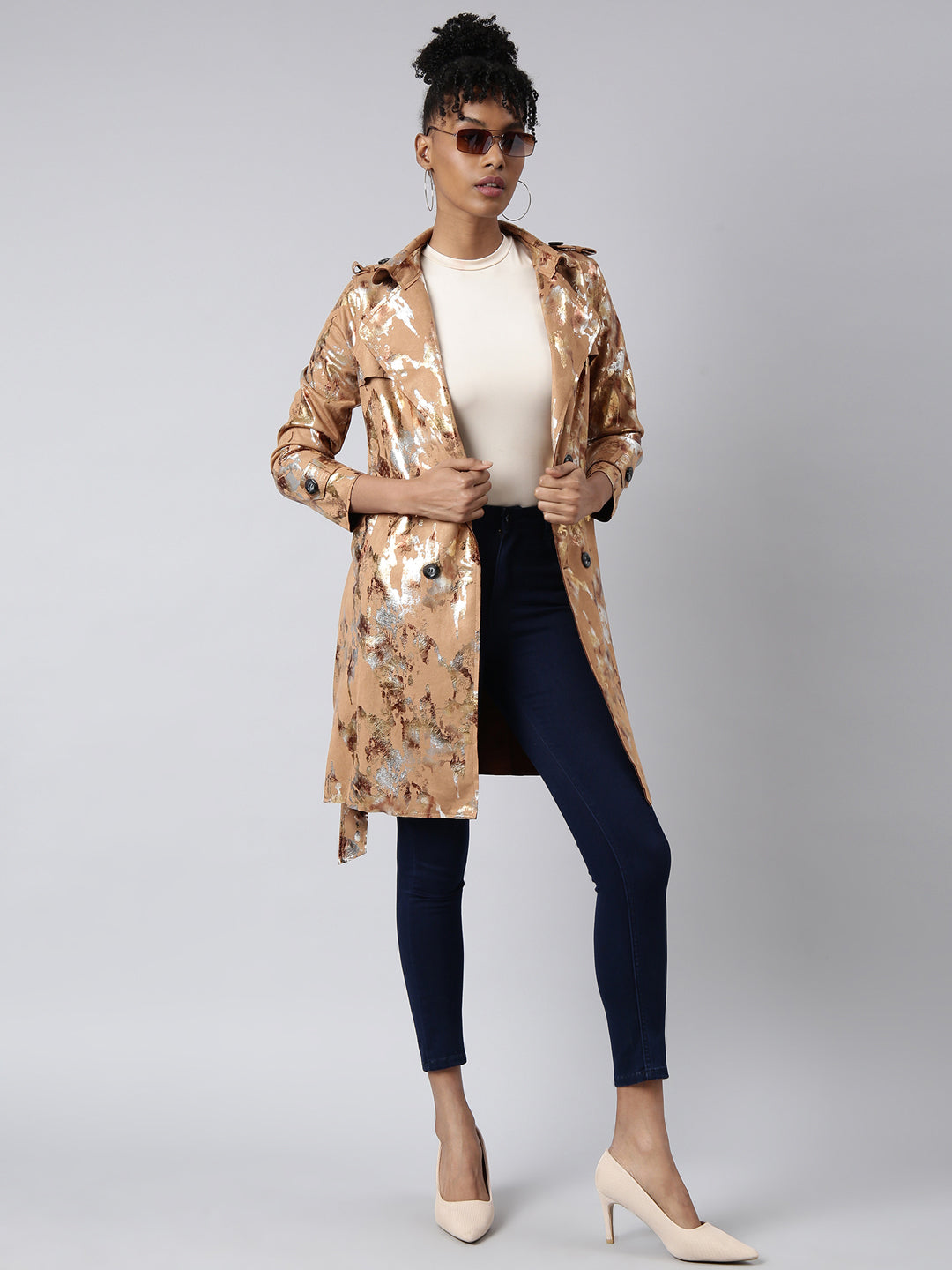 Women's Camel Brown Abstract Printed Longline Trench Coat