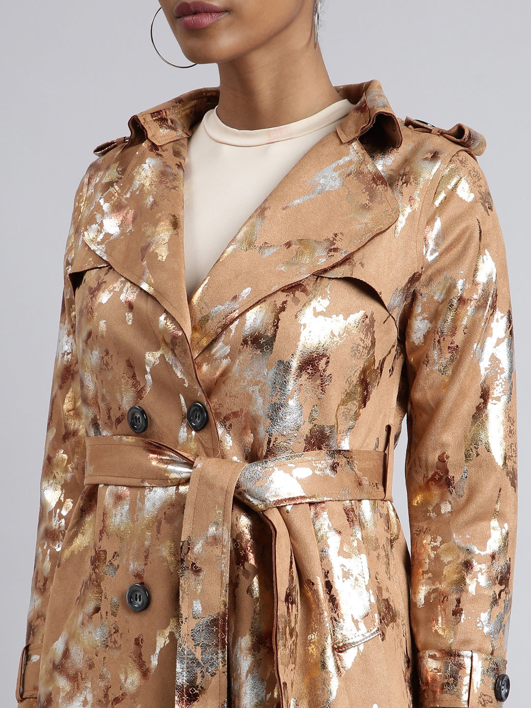 Women's Camel Brown Abstract Printed Longline Trench Coat