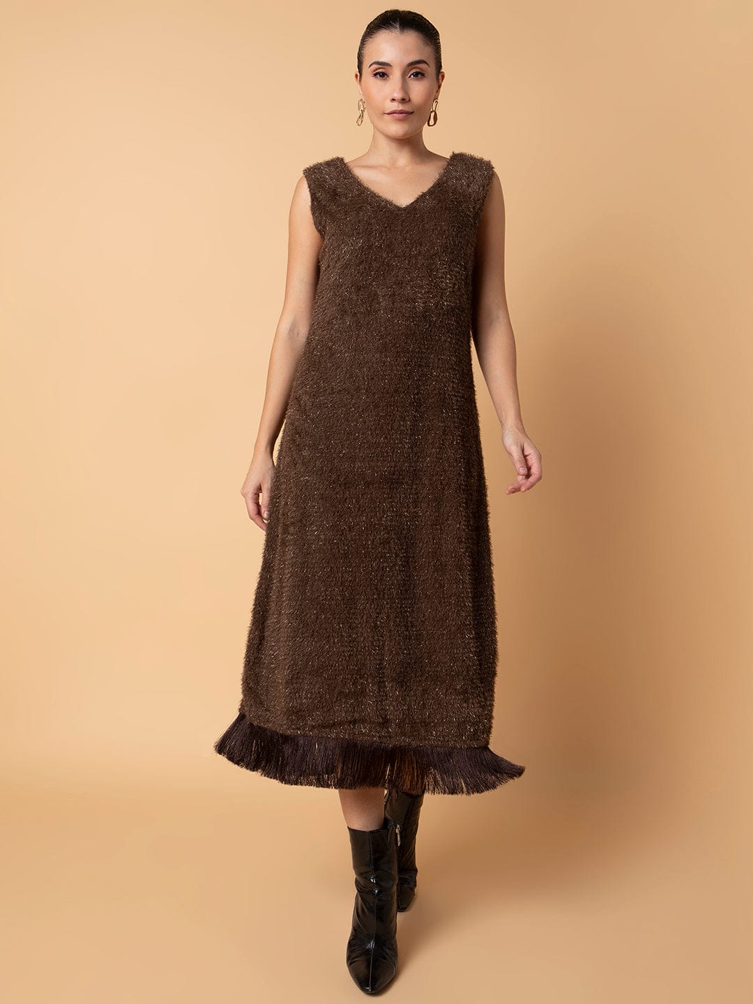 Women's Solid Brown Maxi A-Line Dress