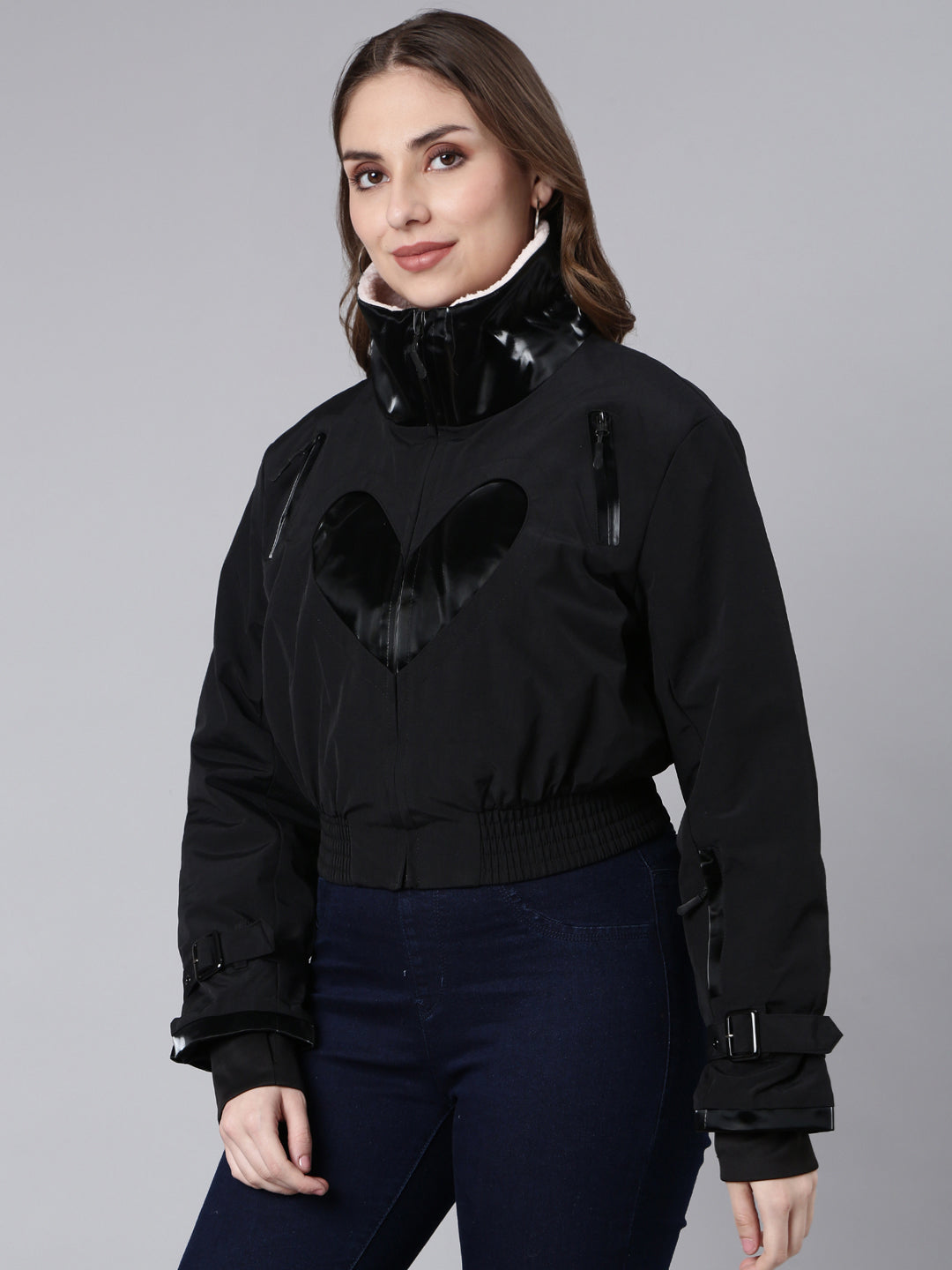 Women's Black Mock Collar Long Sleeves Crop Puffer Jacket