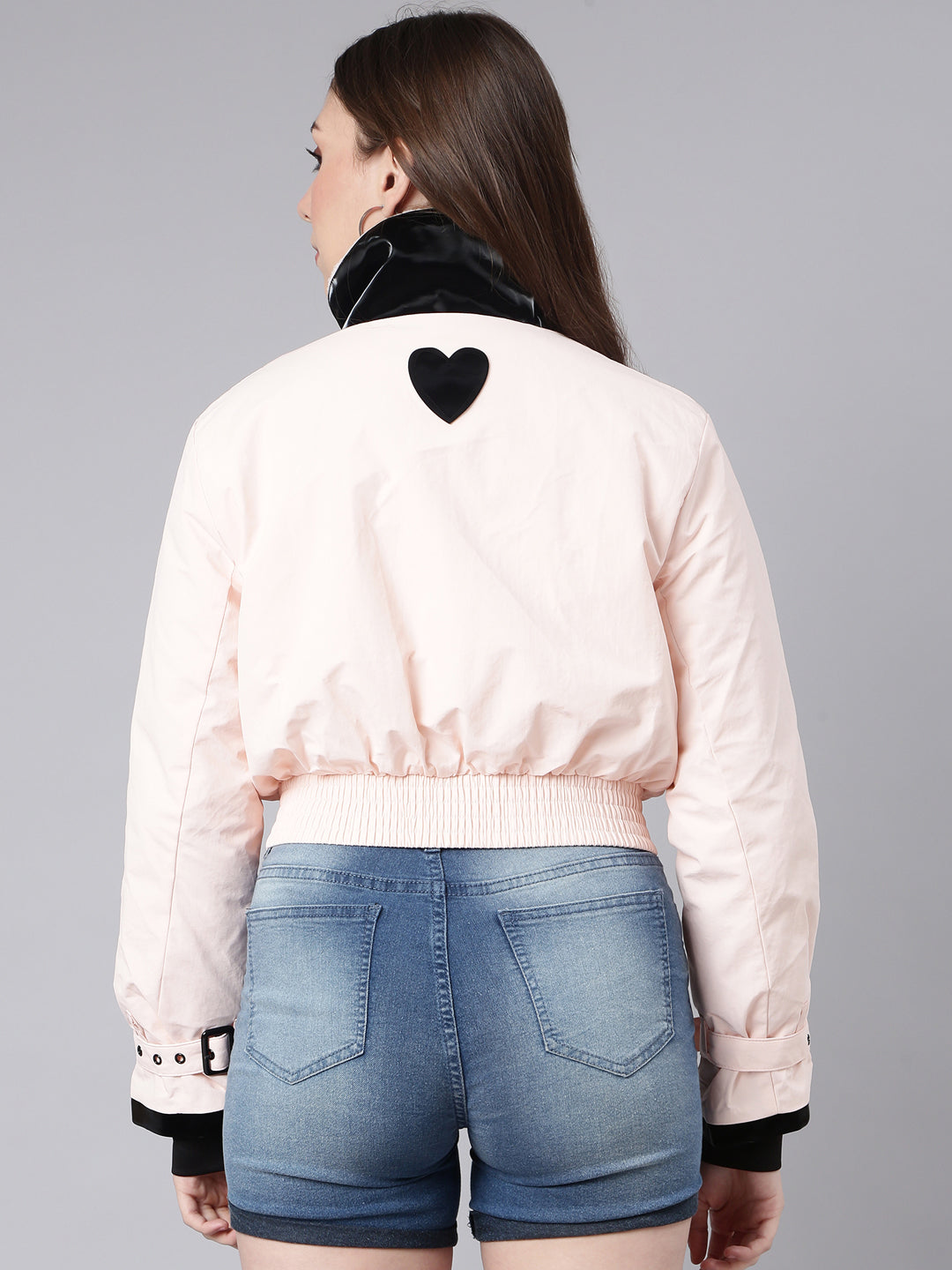 Women's Peach Colour blocked Long Sleeves Crop Puffer Jacket