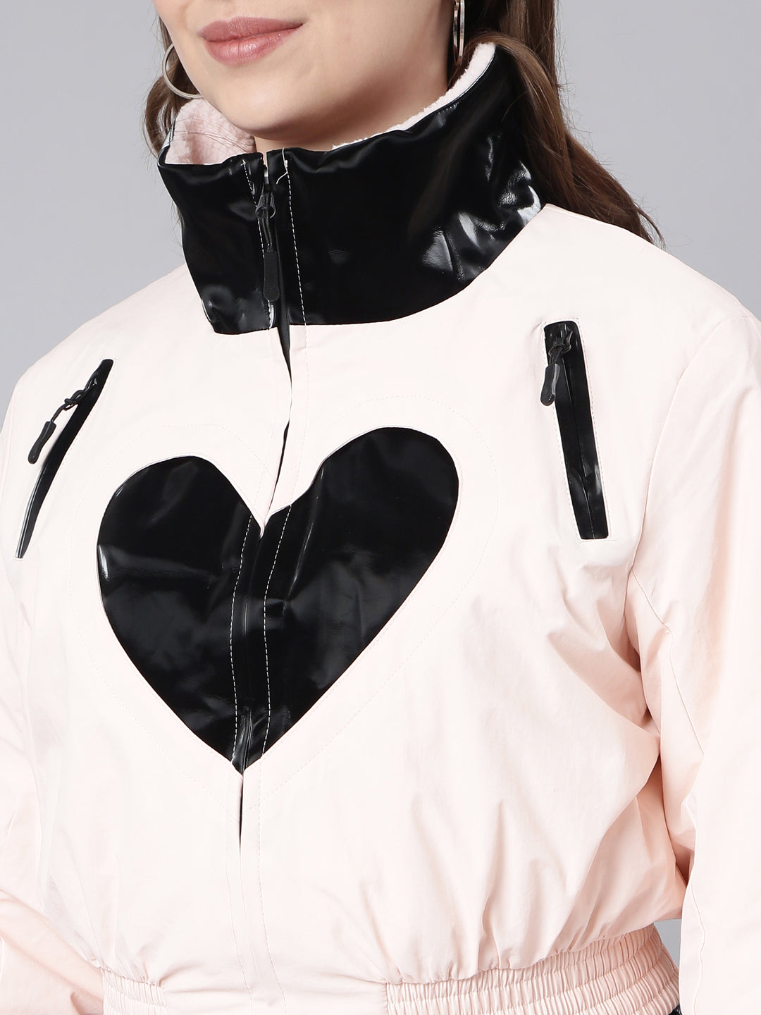 Women's Peach Colour blocked Long Sleeves Crop Puffer Jacket