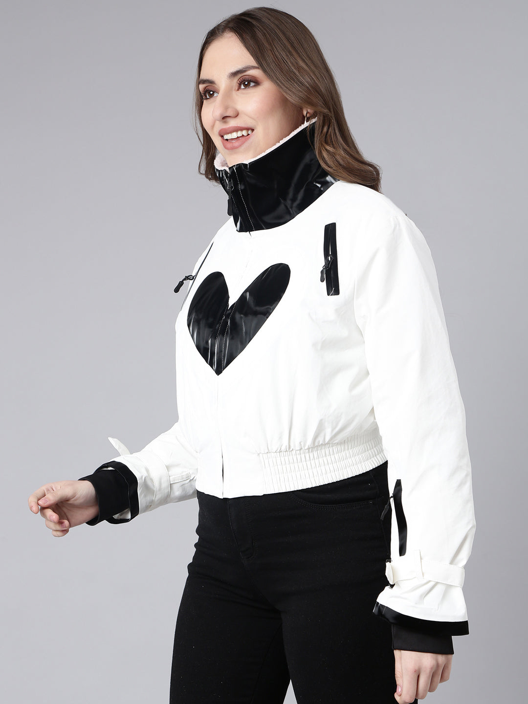 Women's White Mock Collar Crop Puffer Jacket
