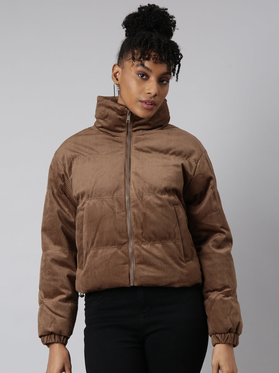 Women's Brown Mock Collar Cotton Puffer Jacket
