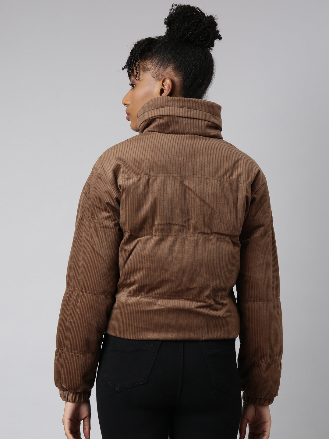 Women's Brown Mock Collar Cotton Puffer Jacket