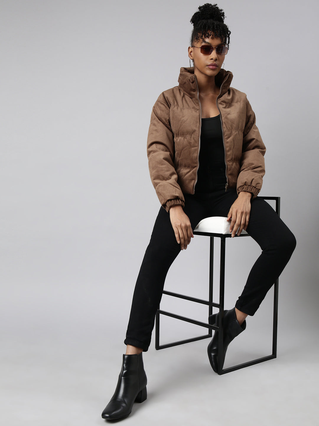 Women's Brown Mock Collar Cotton Puffer Jacket