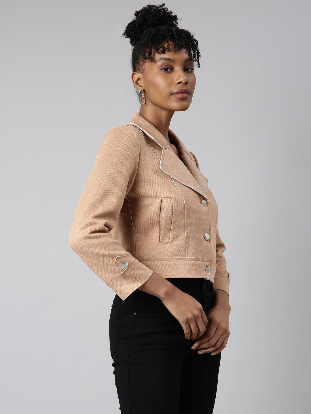 Women's Beige Lapel Collar Suede Crop Tailored Jacket