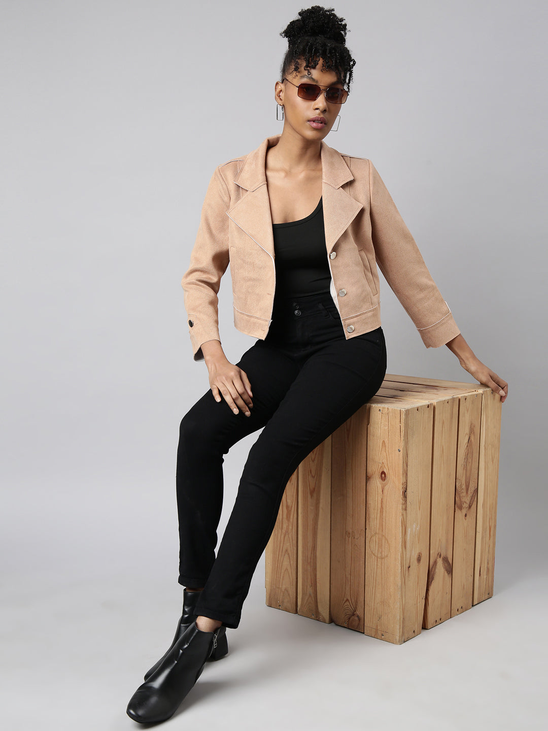 Women's Beige Lapel Collar Suede Crop Tailored Jacket