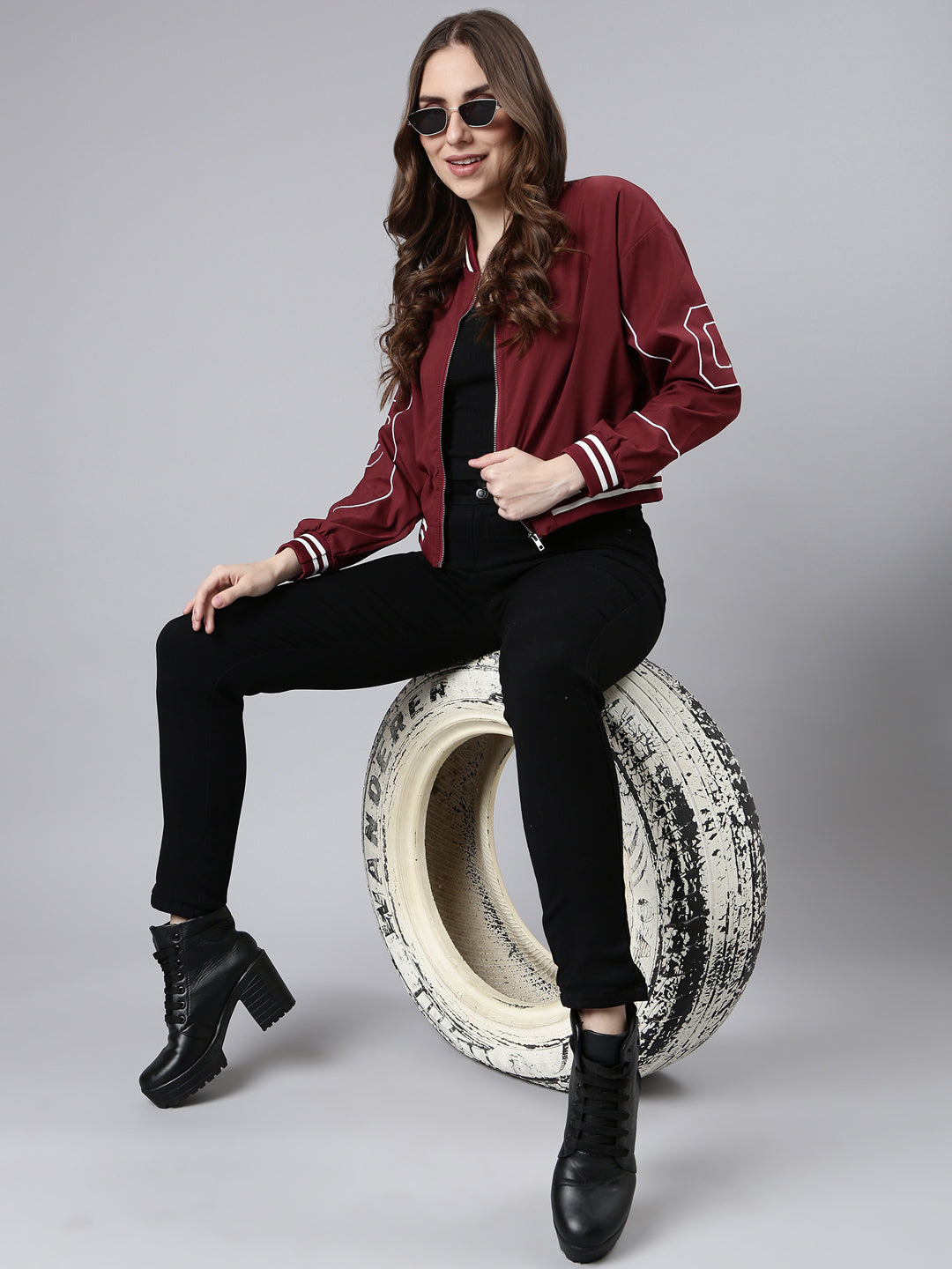 Women's Maroon Mock Collar Crop Bomber Jacket