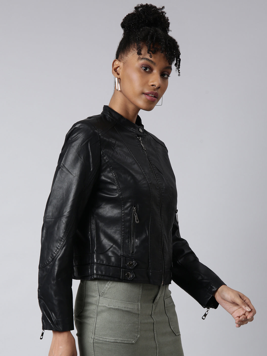Women's Black Stand Collar Windcheater Biker Jacket