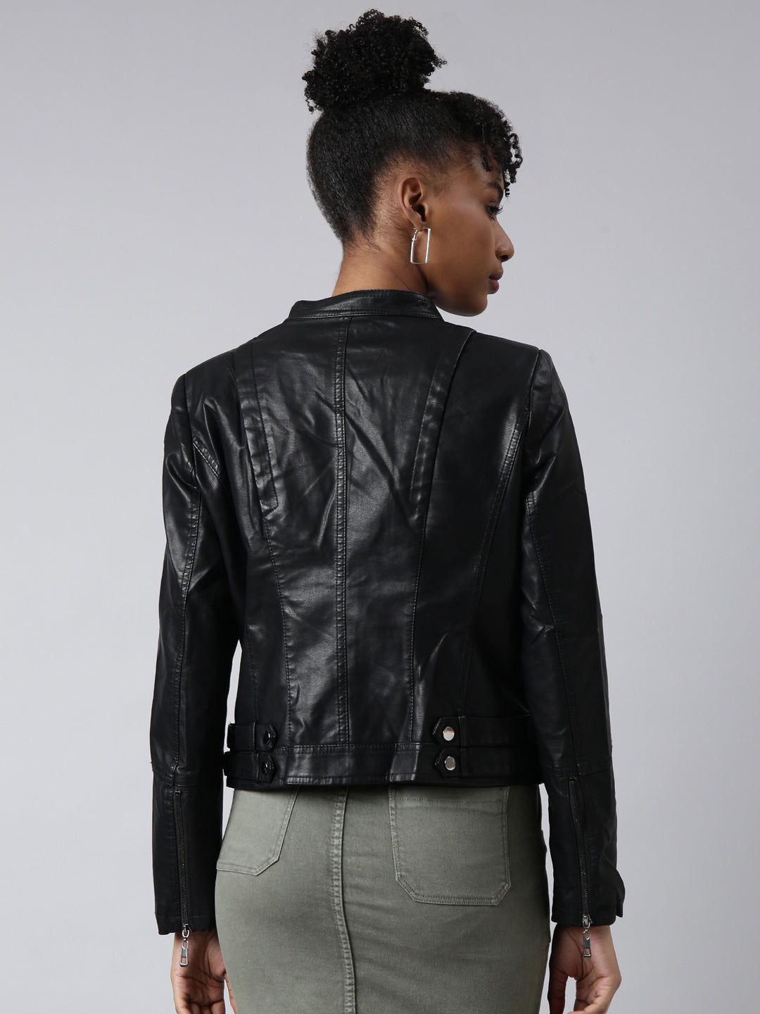 Women's Black Stand Collar Windcheater Biker Jacket