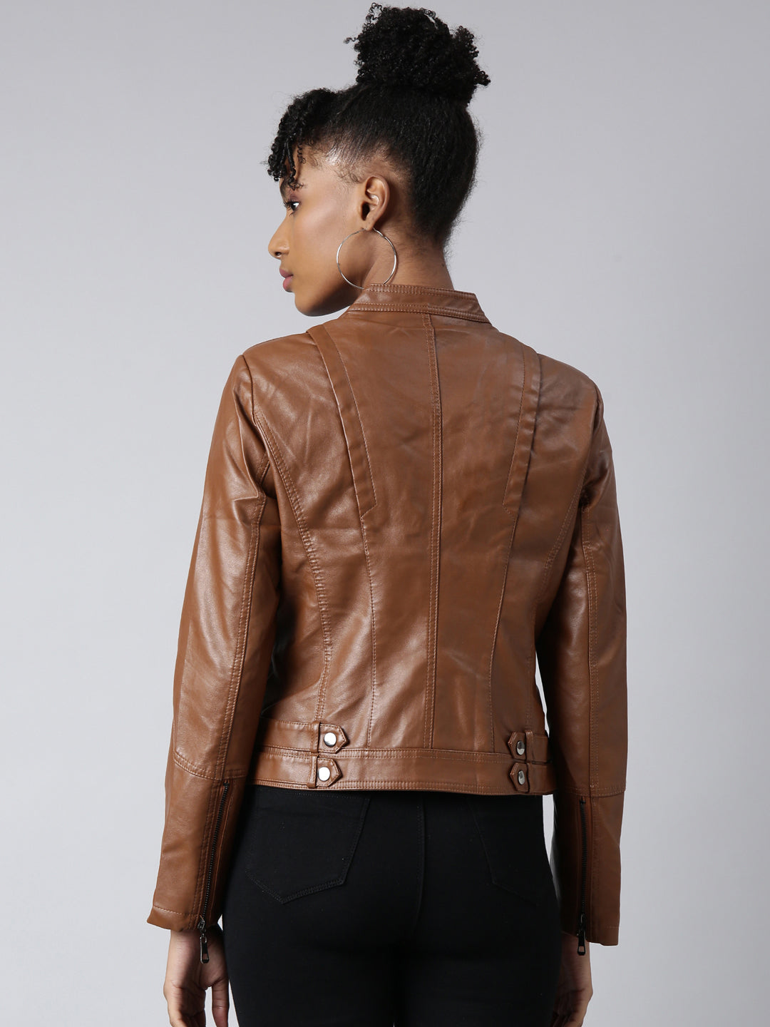 Women's Solid Brown Crop Biker Jacket
