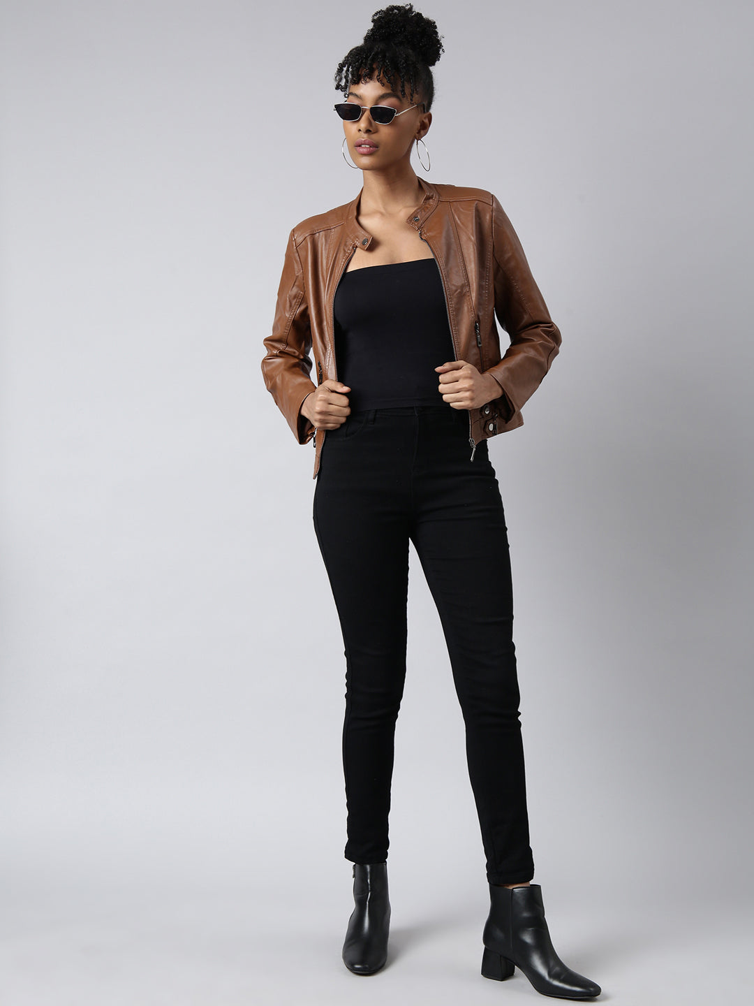 Women's Solid Brown Crop Biker Jacket