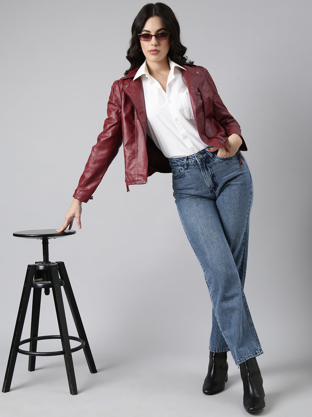 Women's Maroon Windcheater Biker Jacket
