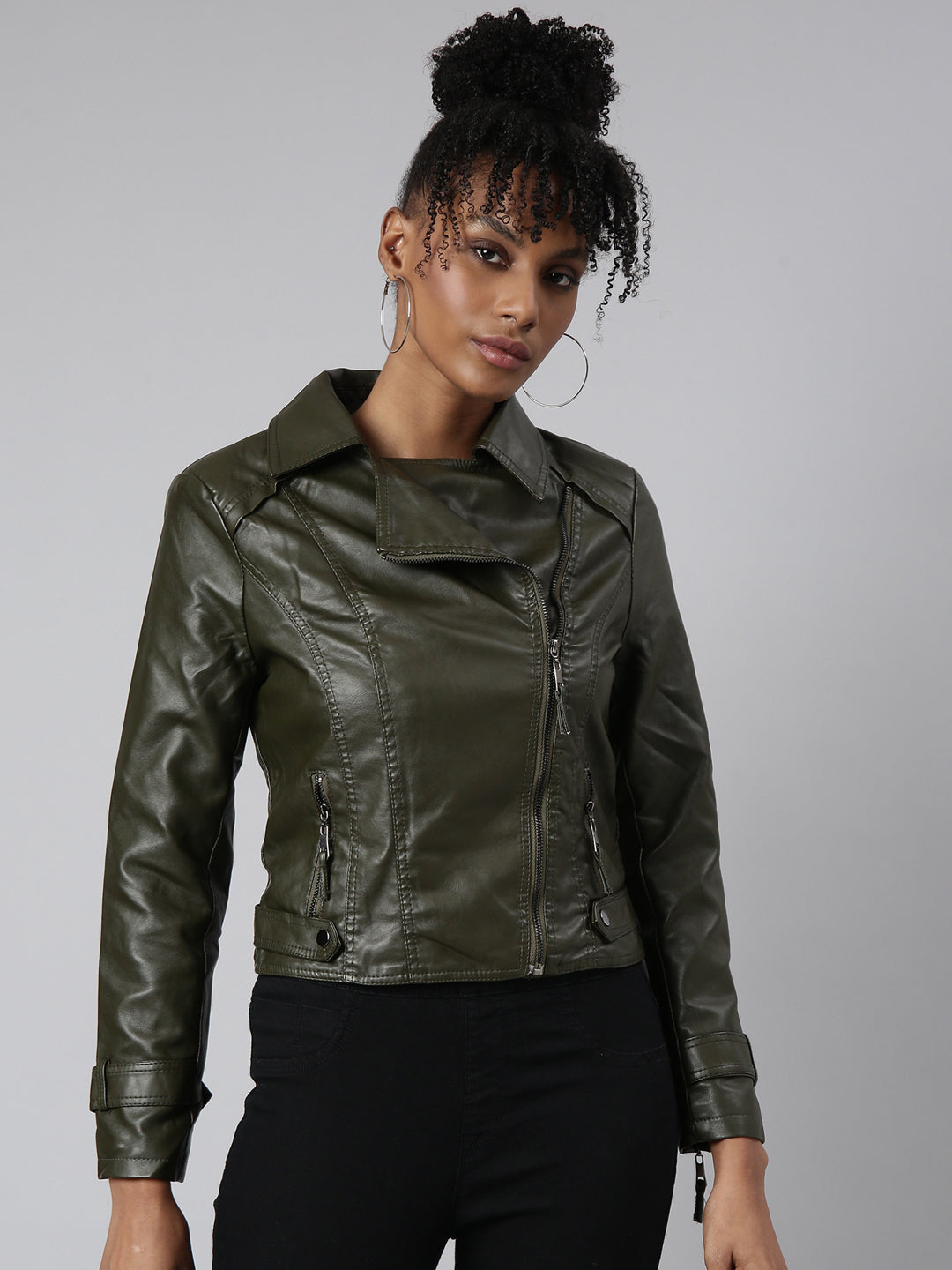 Women's Olive Spread Collar Crop Biker Jacket