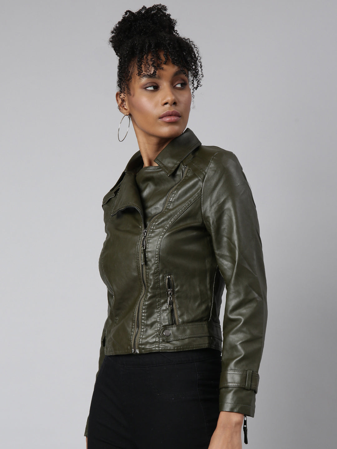 Women's Olive Spread Collar Crop Biker Jacket