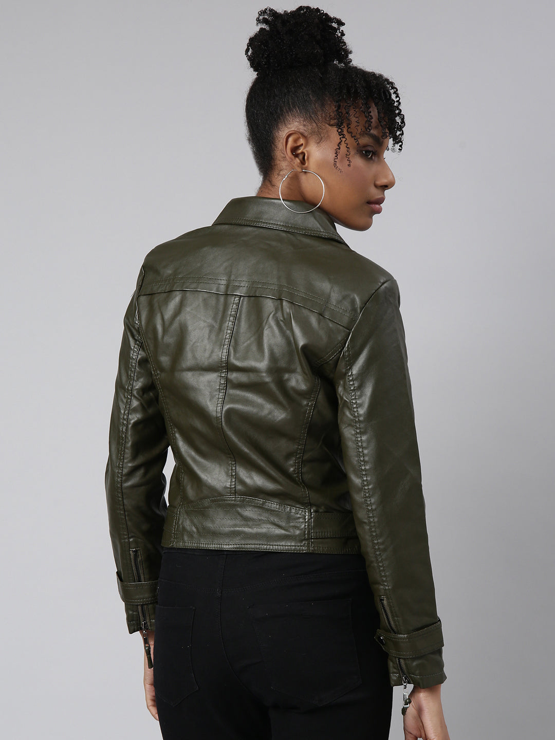 Women's Olive Spread Collar Crop Biker Jacket