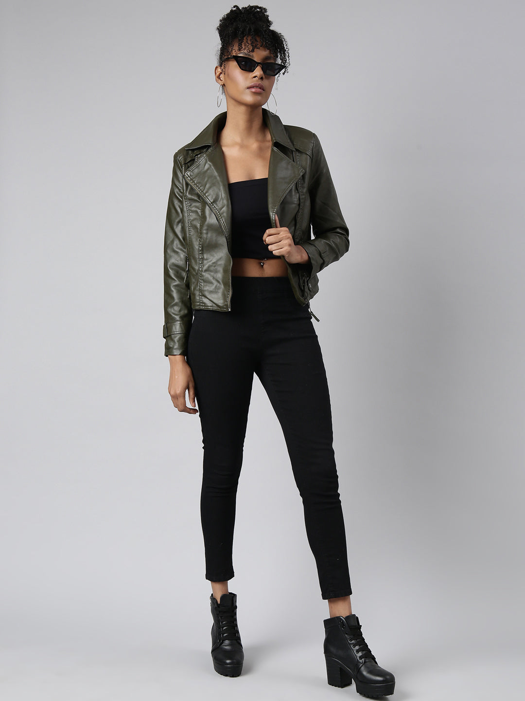 Women's Olive Spread Collar Crop Biker Jacket