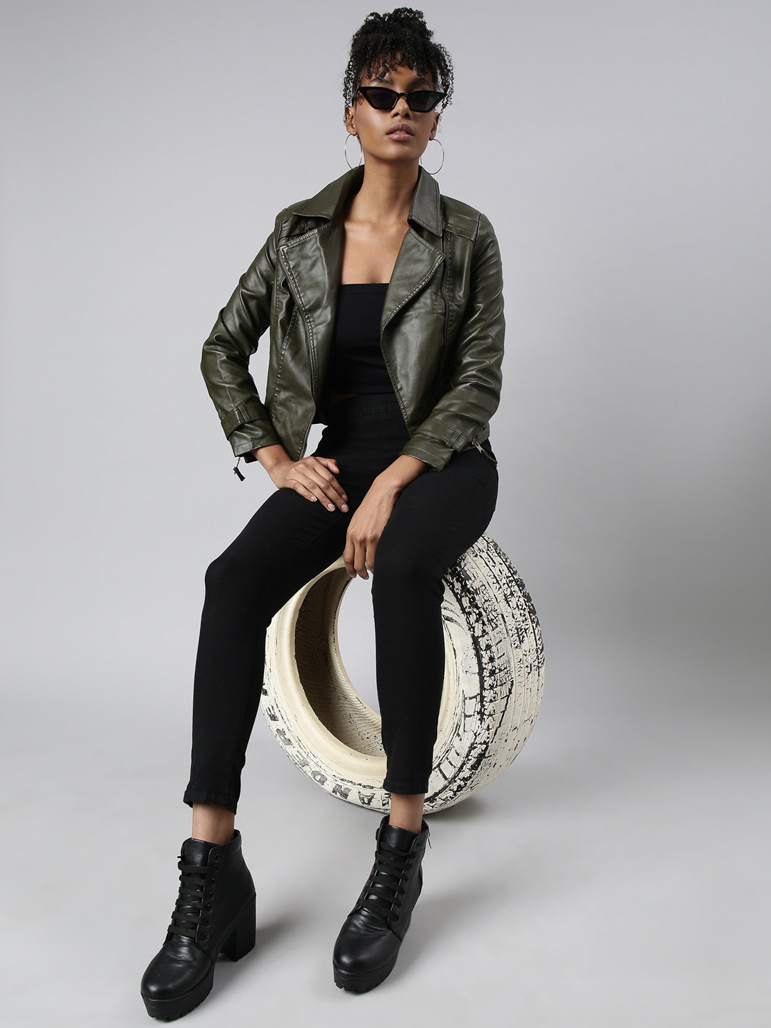 Women's Olive Spread Collar Crop Biker Jacket