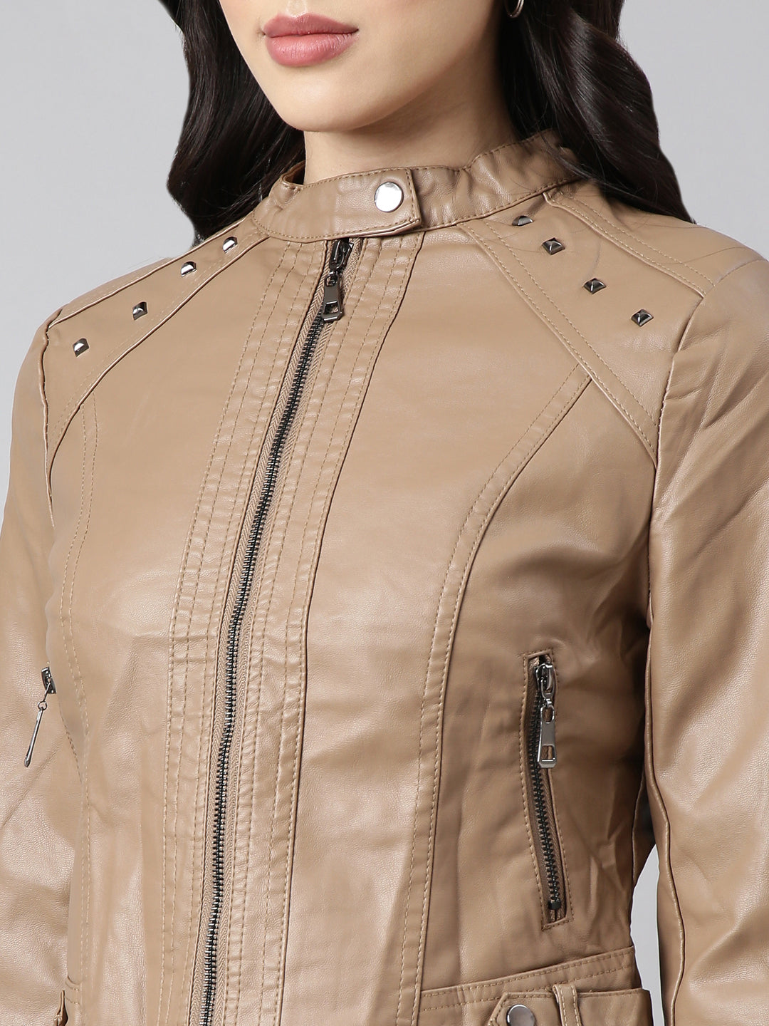 Women's Brown Mandarin Collar Biker Jacket