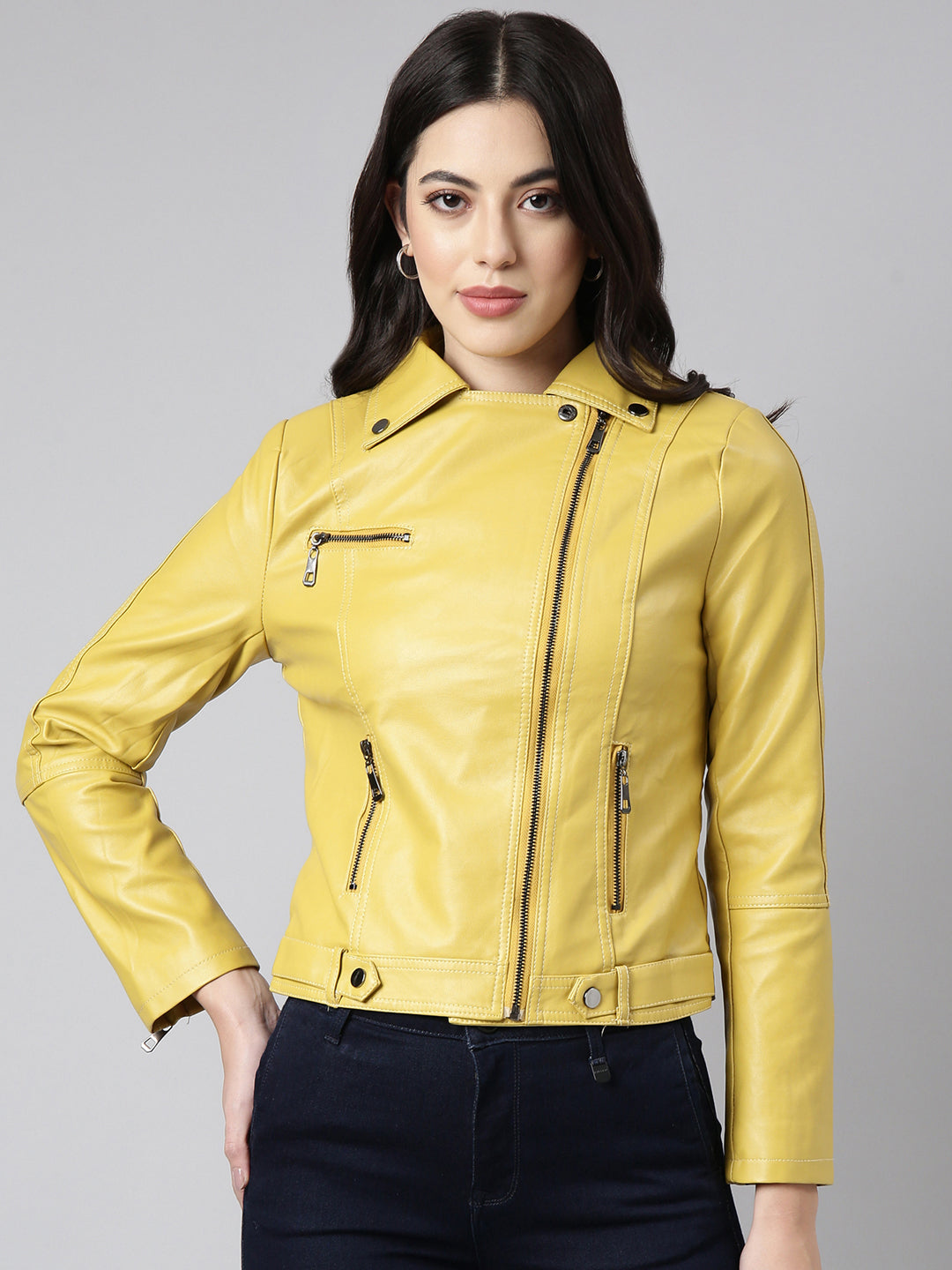 Women's Yellow Lapel Collar Biker Jacket