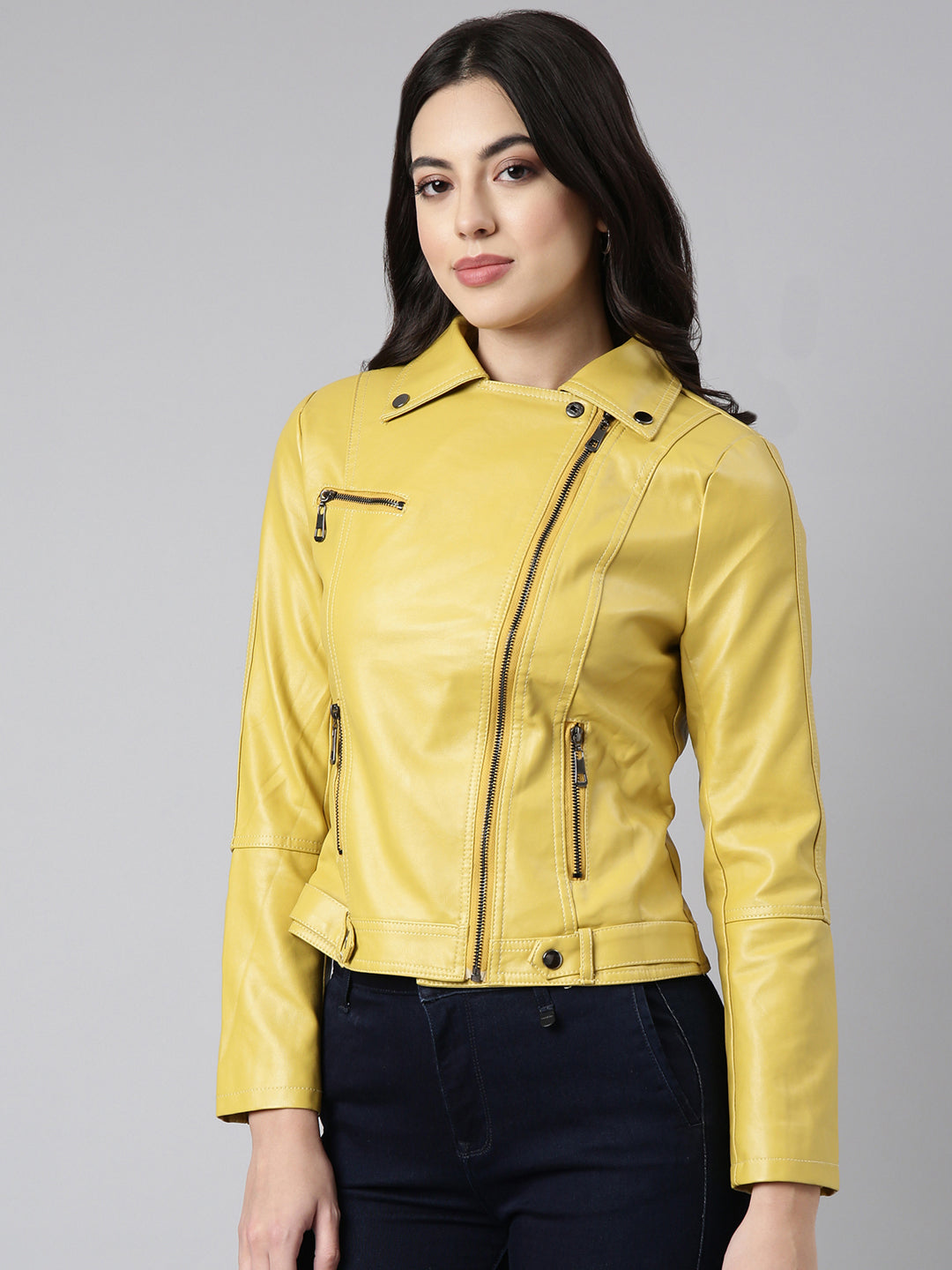 Women's Yellow Lapel Collar Biker Jacket