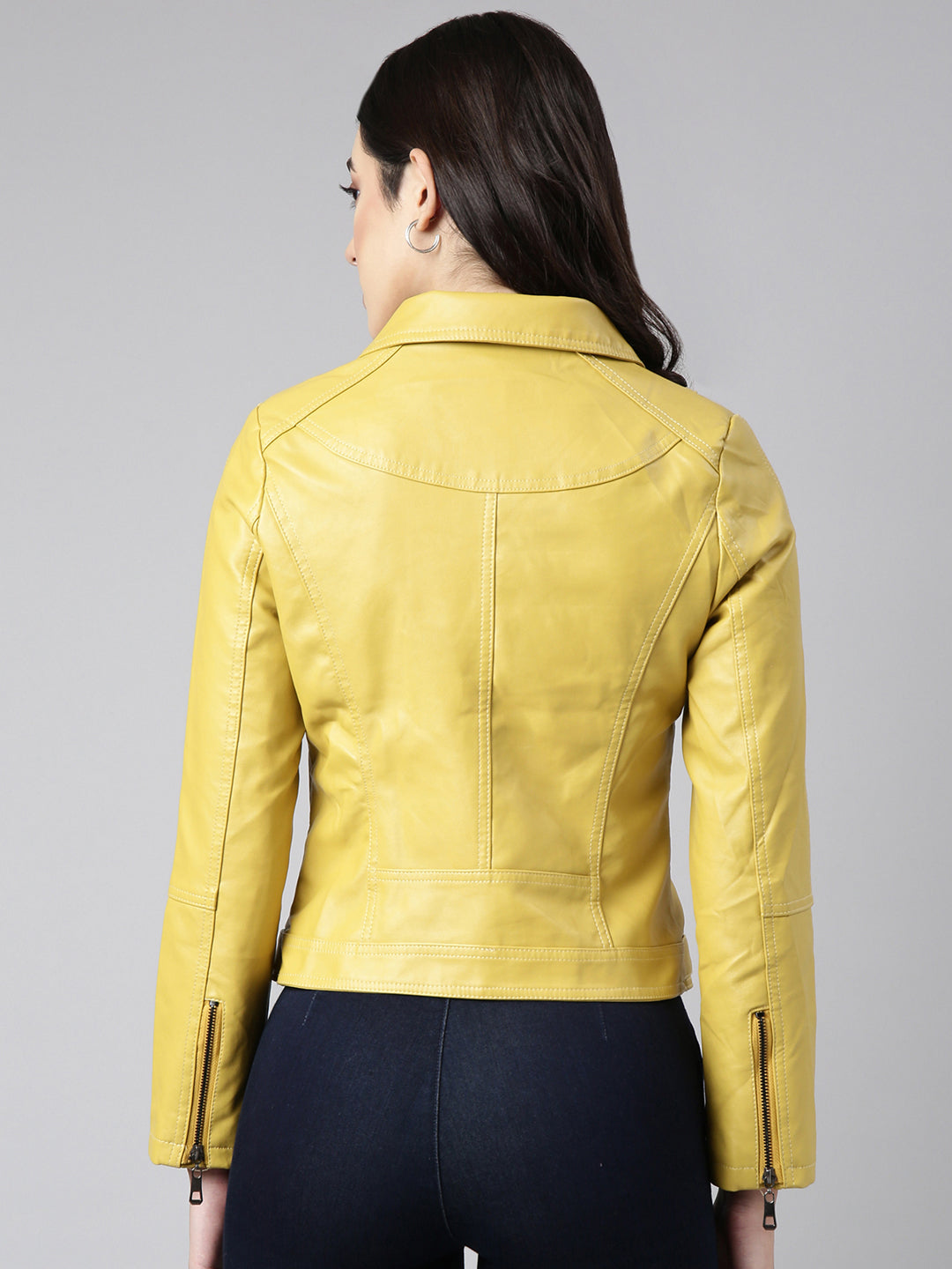 Women's Yellow Lapel Collar Biker Jacket